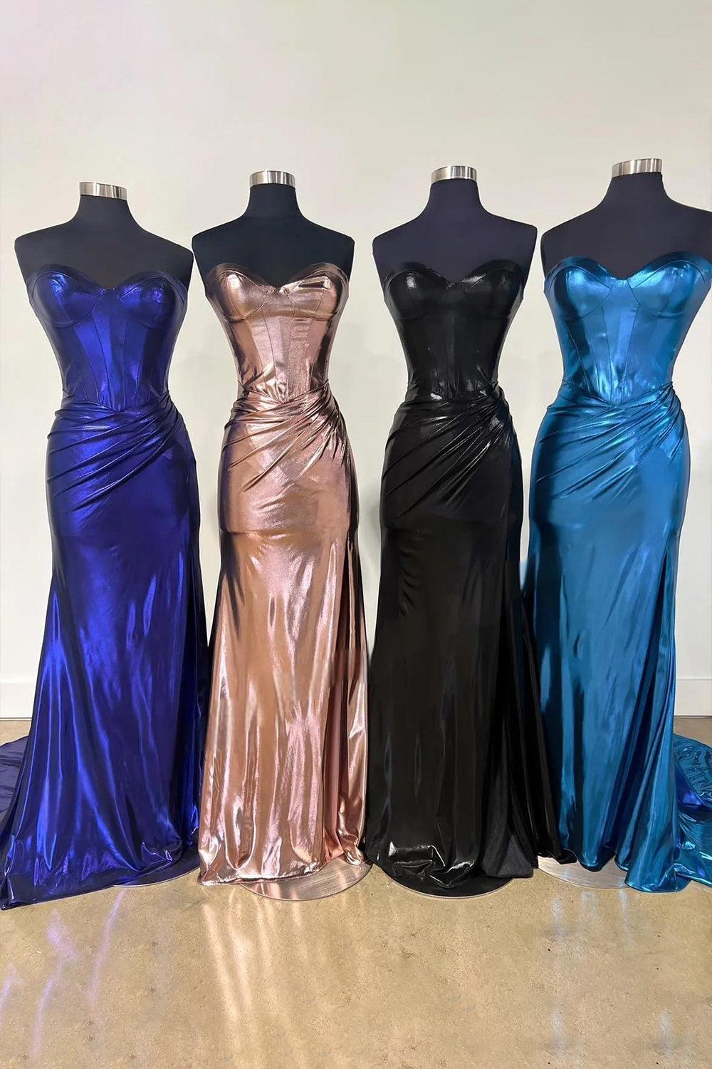 Gold Mermaid Sweetheart Long Metallic Prom Dress With Slit