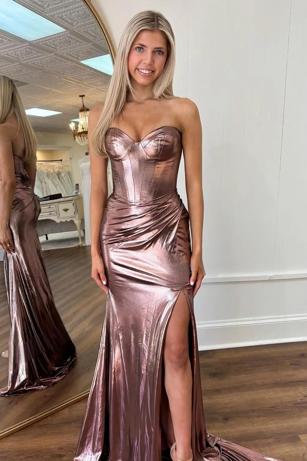 Gold Mermaid Sweetheart Long Metallic Prom Dress With Slit