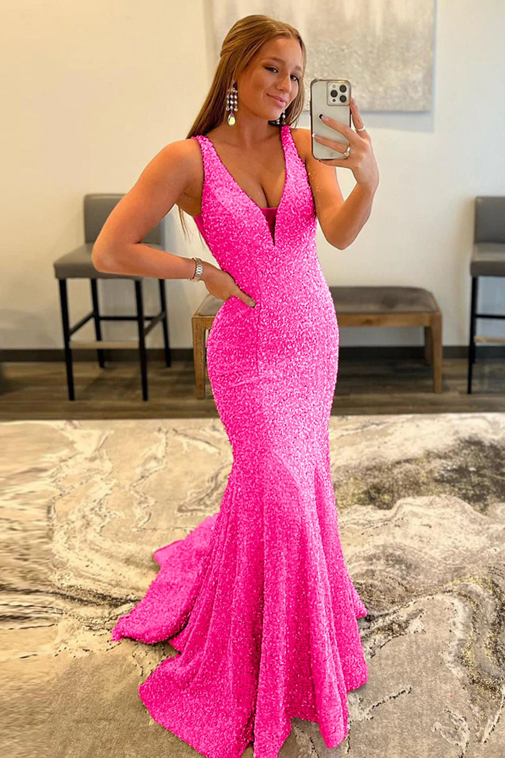 Sexy Glitter V Neck Mermaid Pink Long Prom Dress