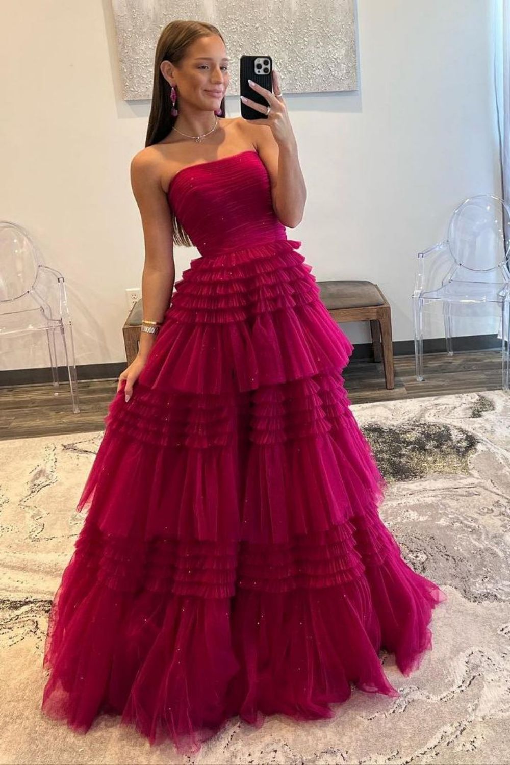 Glitter A-Line Strapless Long Tulle Prom Dress With High Slit