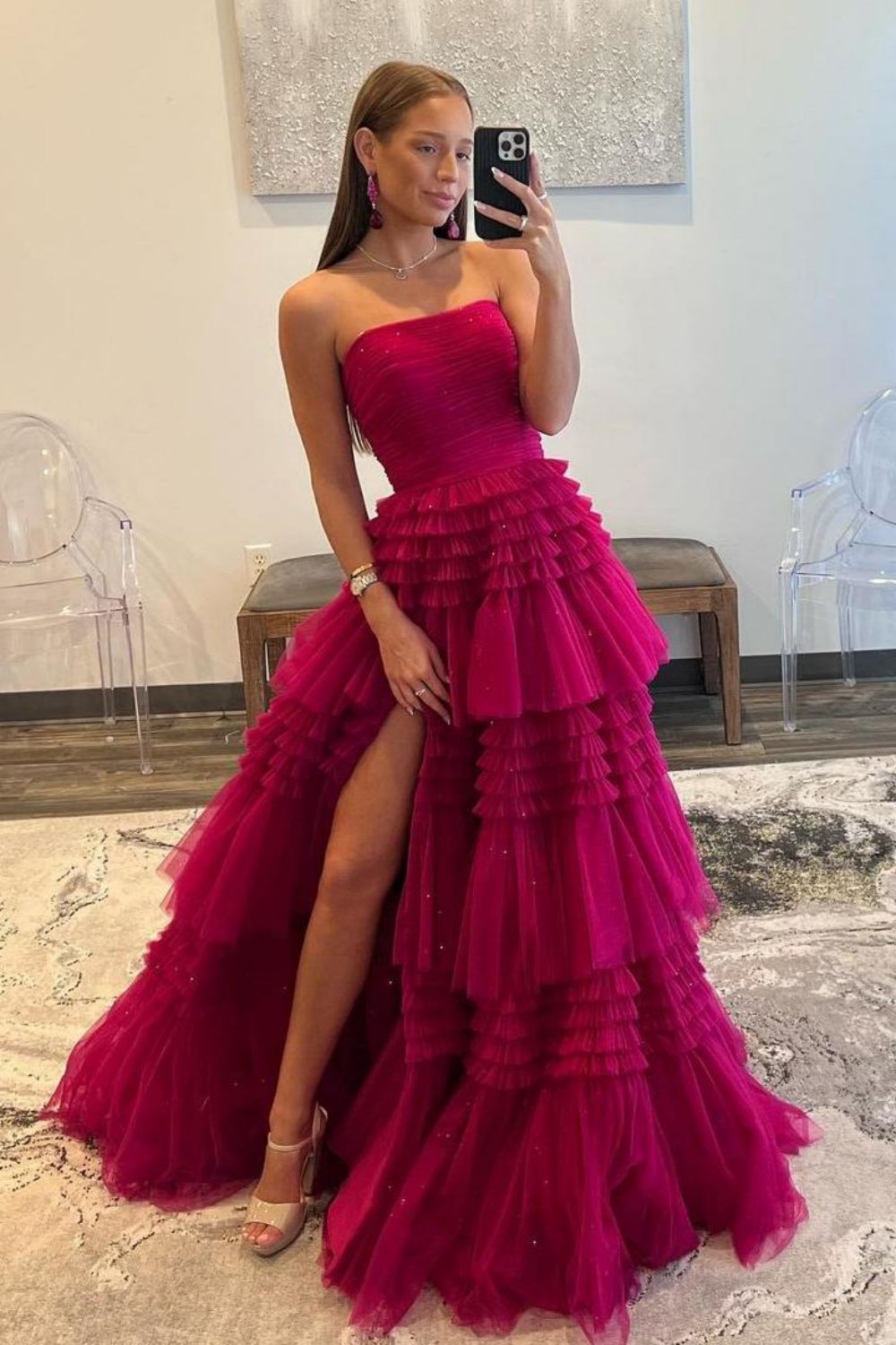 Glitter A-Line Strapless Long Tulle Prom Dress With High Slit