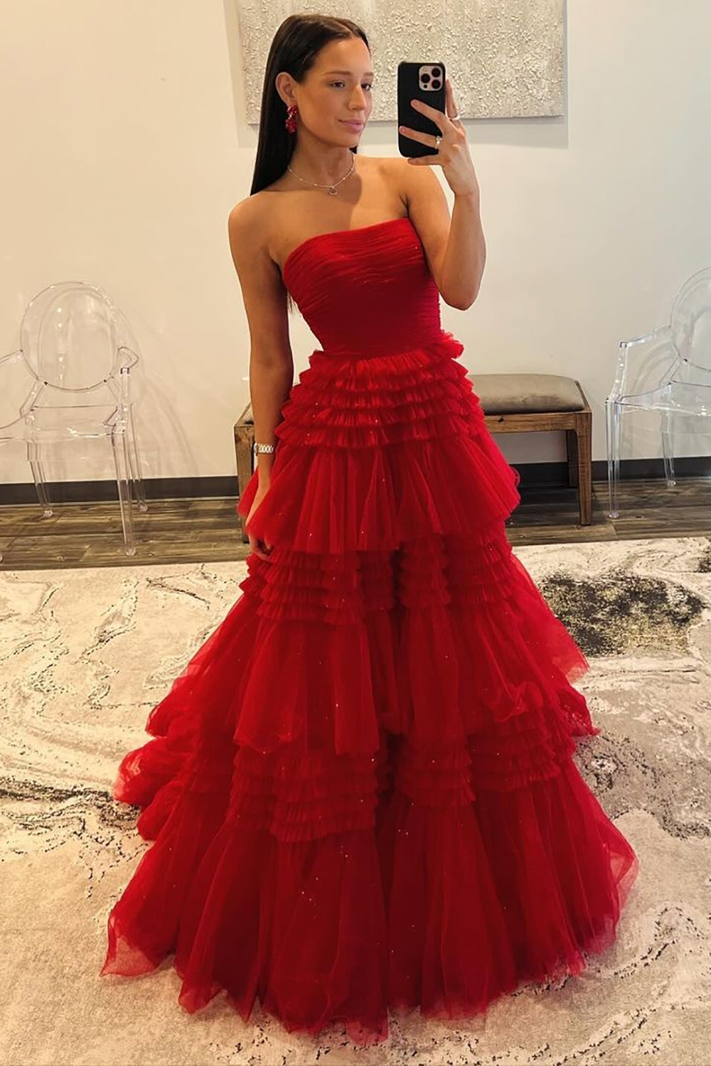 Glitter A-Line Strapless Long Tulle Prom Dress With High Slit