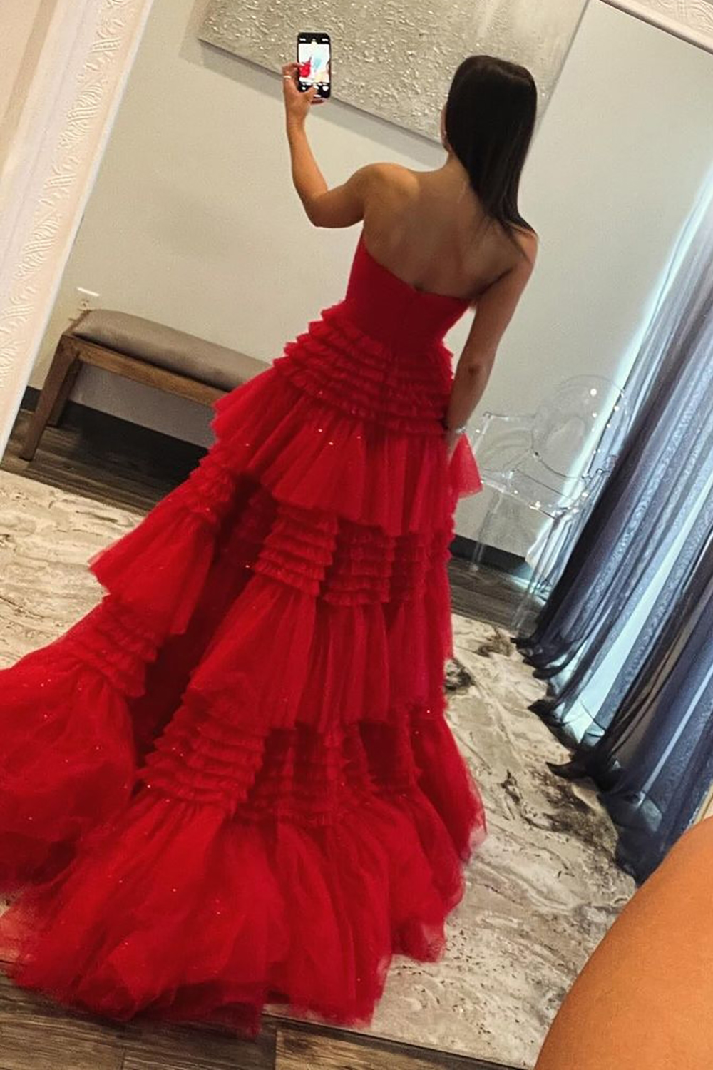 Glitter A-Line Strapless Long Tulle Prom Dress With High Slit