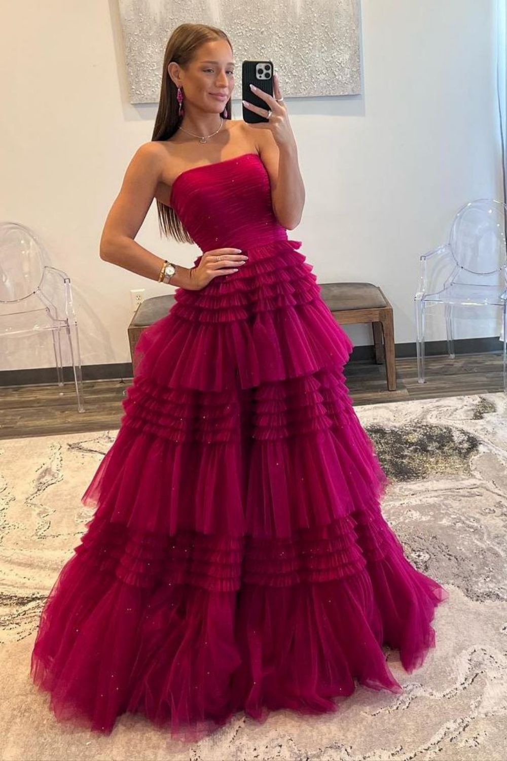 Glitter A-Line Strapless Long Tulle Prom Dress With High Slit