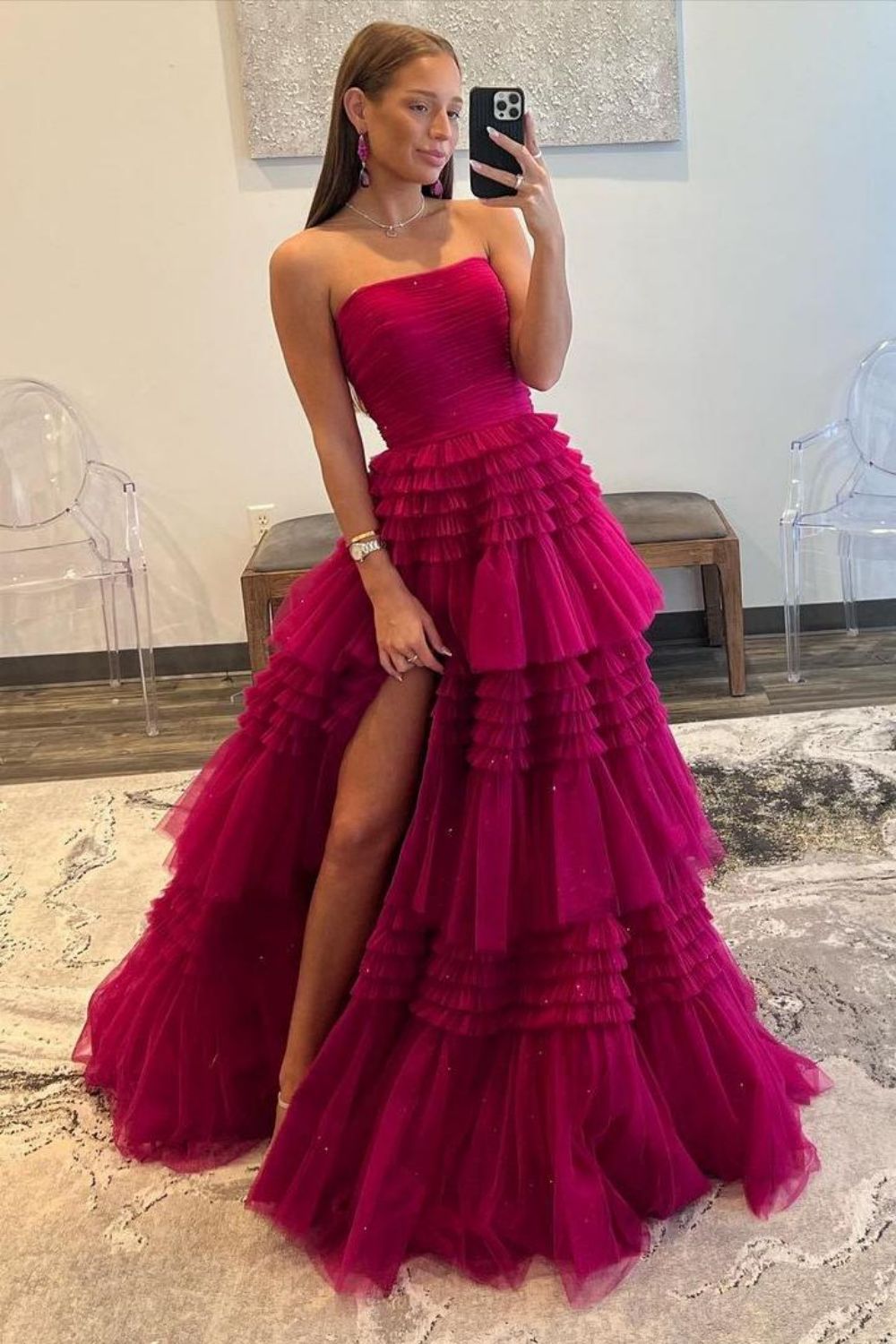 Glitter A-Line Strapless Long Tulle Prom Dress With High Slit