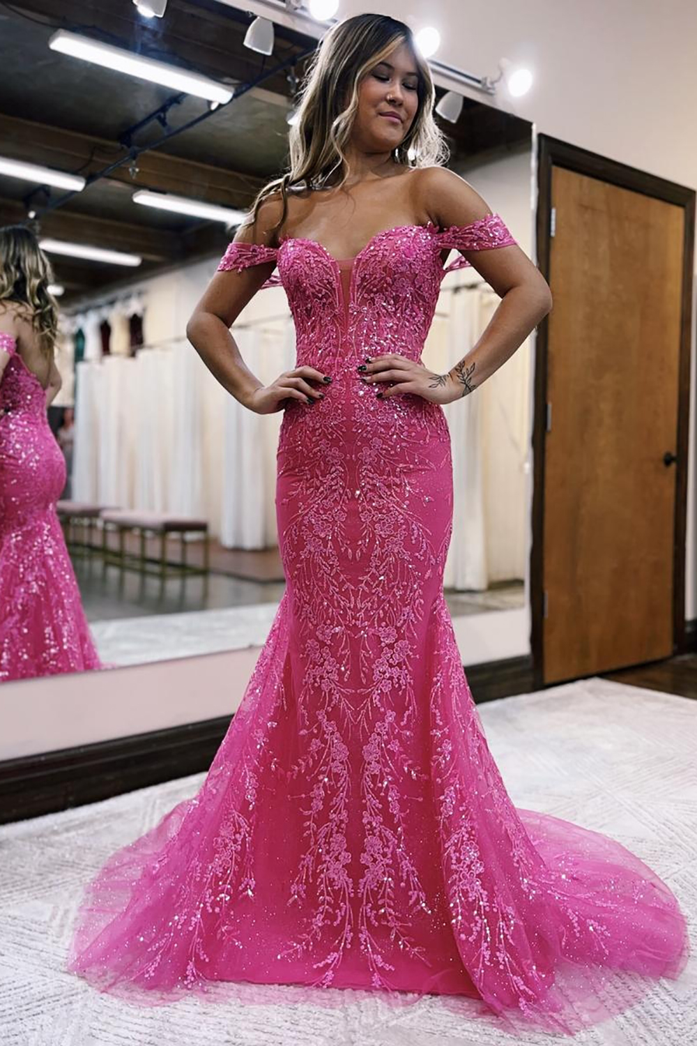 Glitter Fuchsia Mermaid Off The Shoulder Long Prom Dress With Appliques
