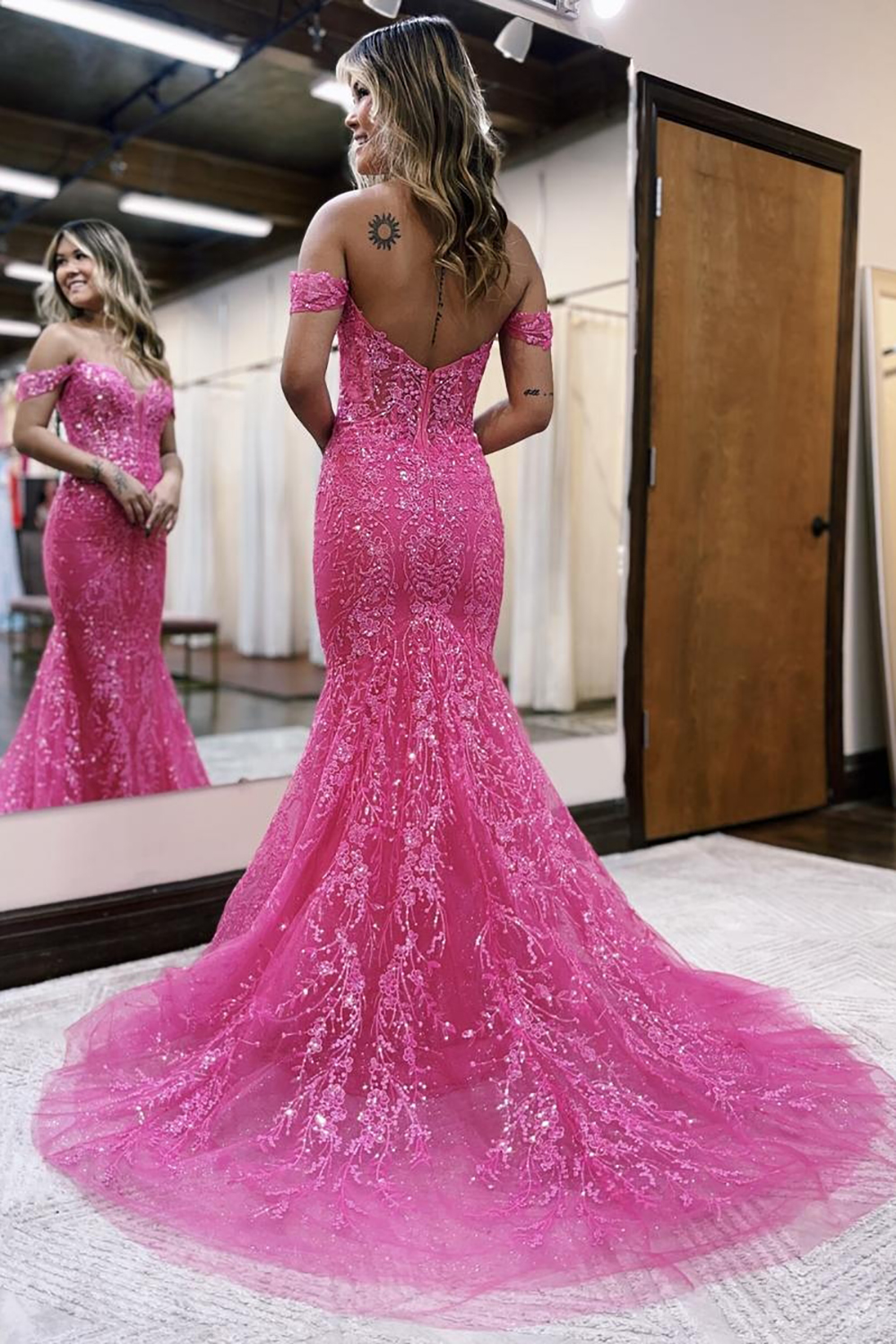 Glitter Fuchsia Mermaid Off The Shoulder Long Prom Dress With Appliques