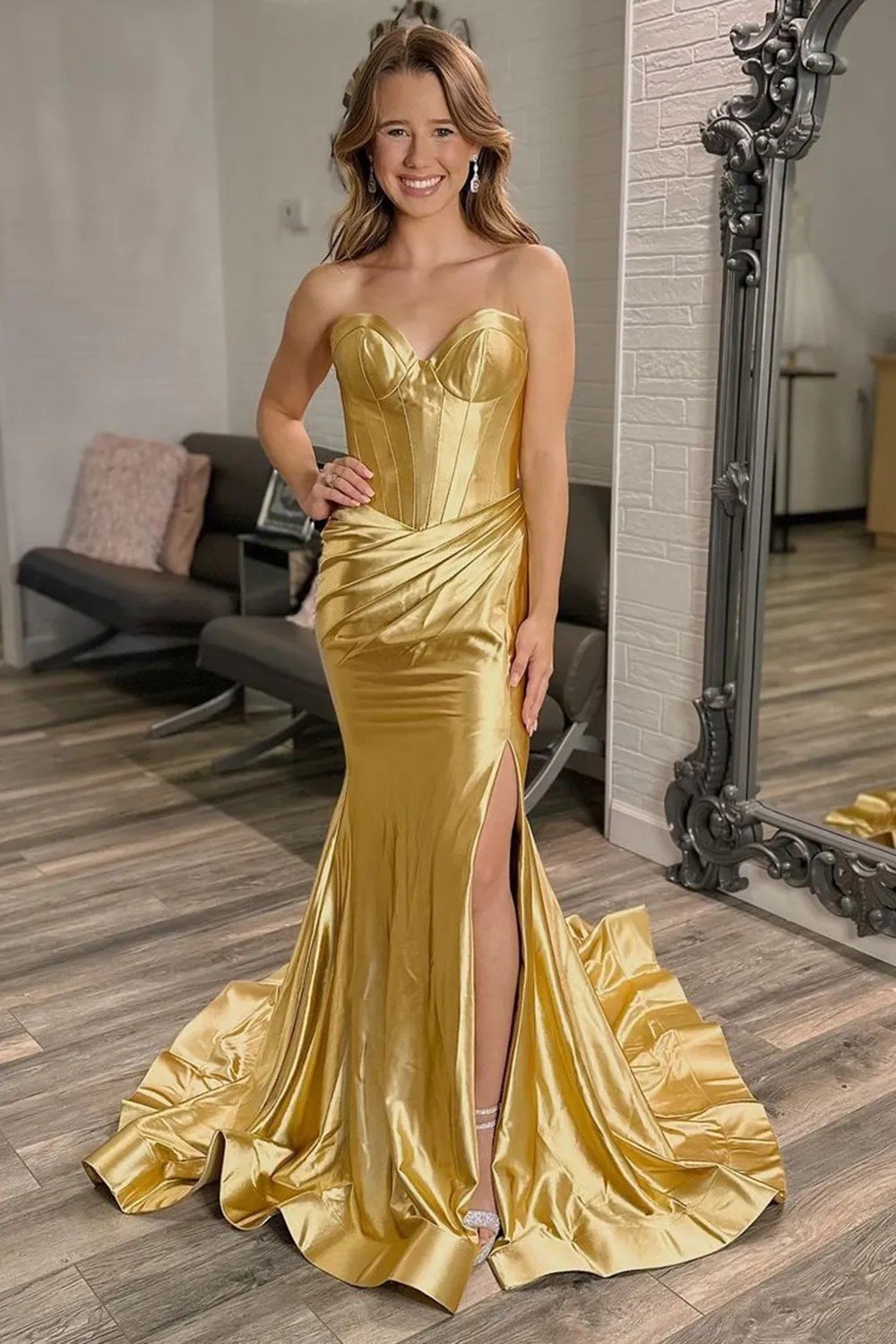 Gold Mermaid Sweetheart Long Metallic Prom Dress With Slit