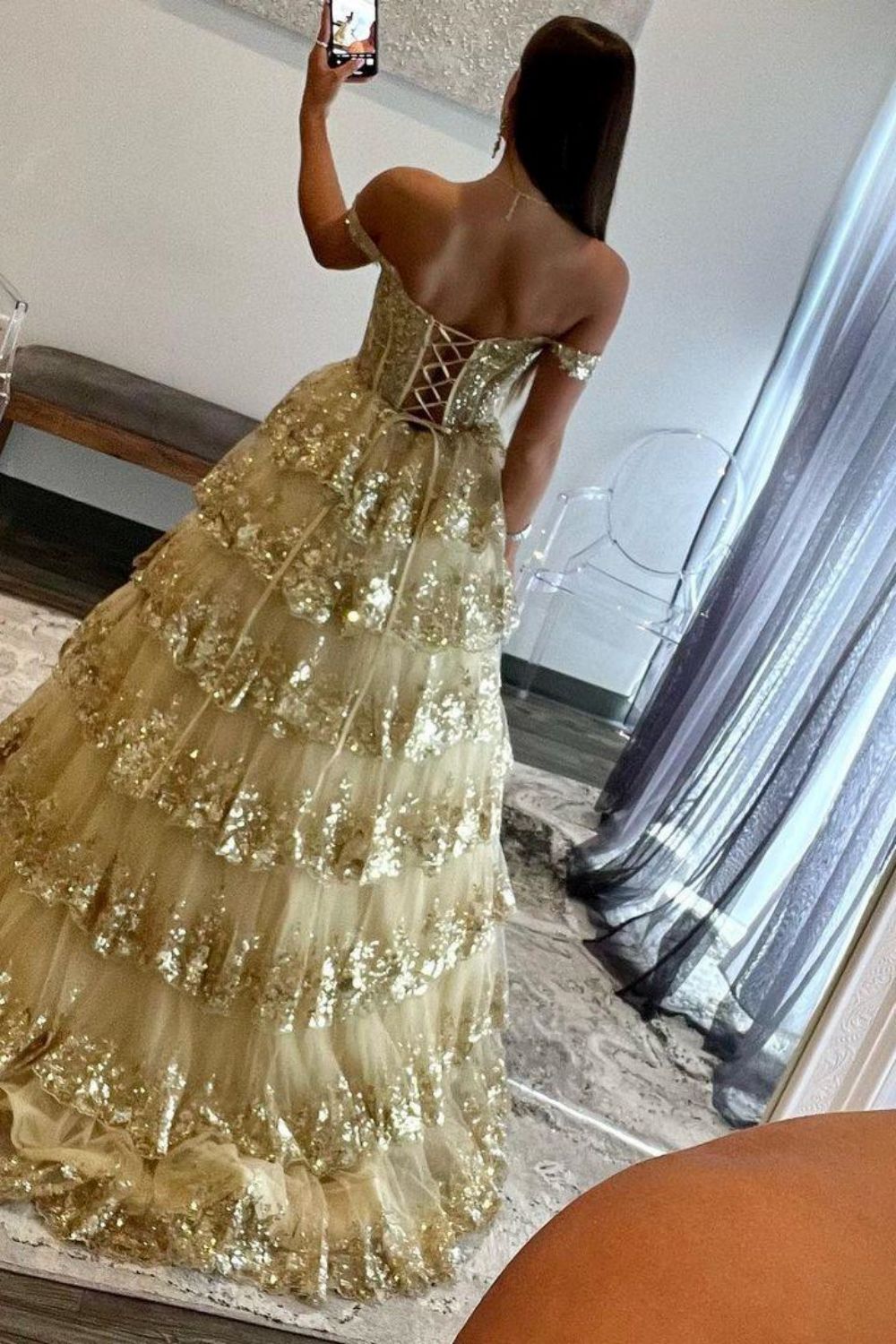 Gorgeous Gold A-Line Off The Shoulder Lace Up Long Prom Dress with Sequin