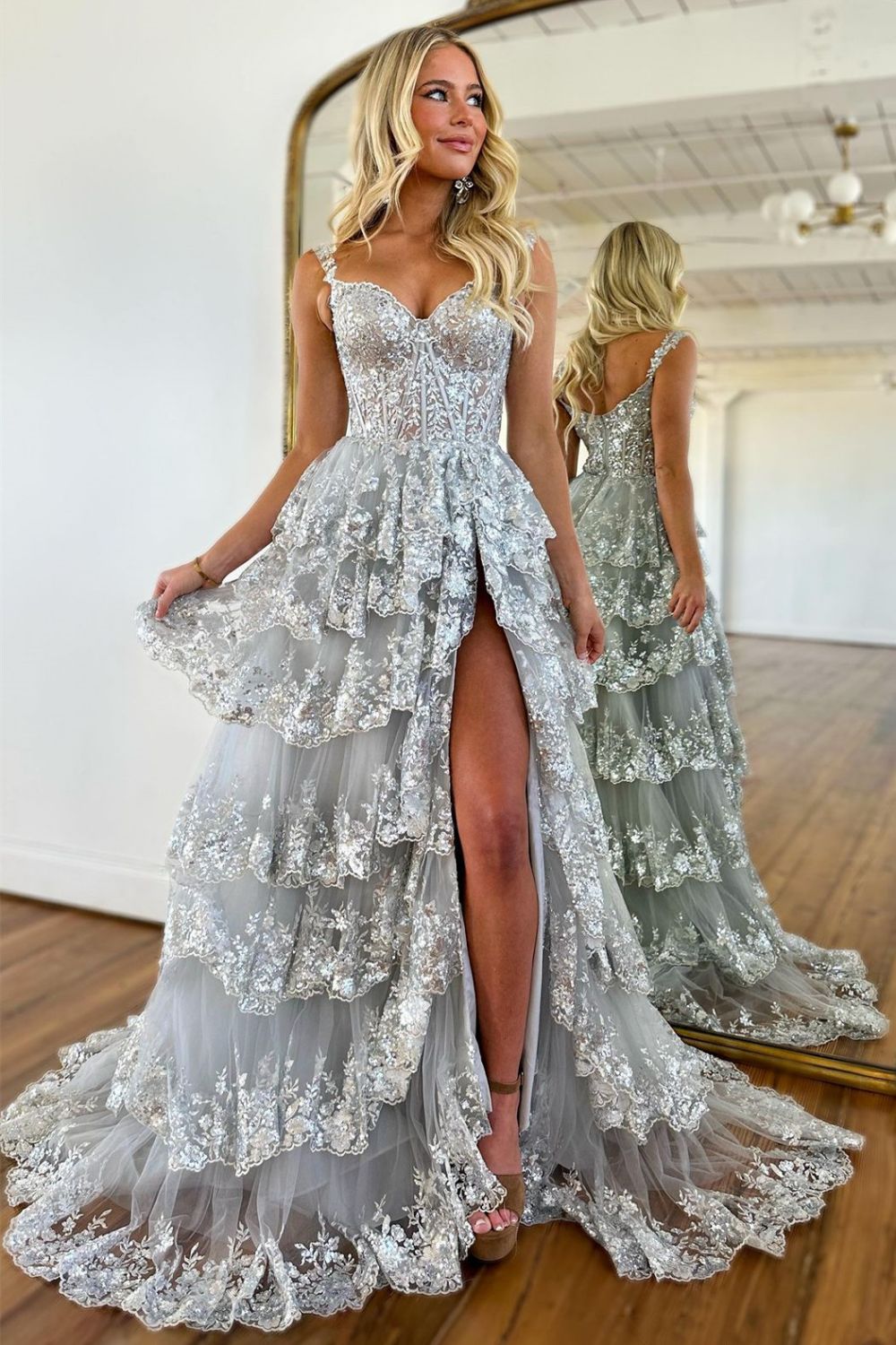 Gorgeous A-Line Off The Shoulder Tiered Prom Dress With Split