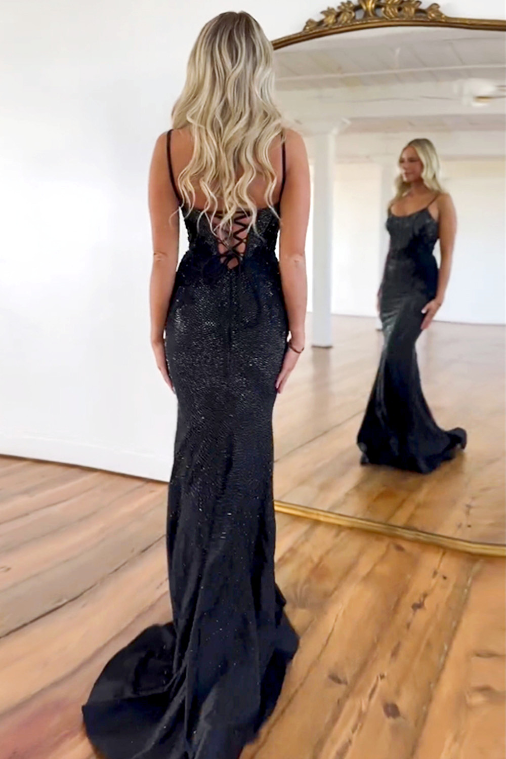Gorgeous Glitter Mermaid Spaghetti Straps Lace Up Long Beaded Prom Dress