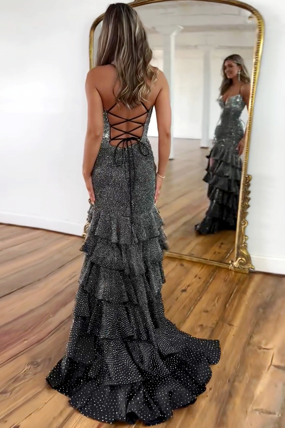 Gorgeous Sparkly Black Mermaid Lace Up Long Beaded Prom Dress with Slit
