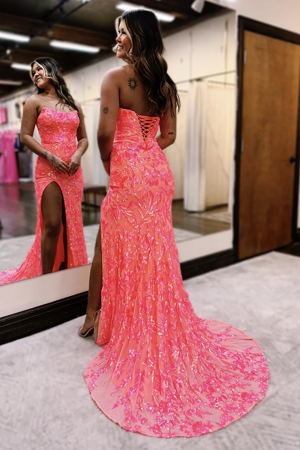 Gorgeous Strapless Mermaid Lace Up Long Prom Dress With Slit