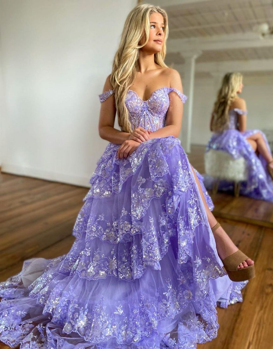 Gorgeous A-Line Off The Shoulder Tiered Prom Dress With Split