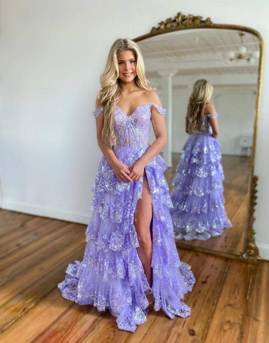 Gorgeous A-Line Off The Shoulder Tiered Prom Dress With Split