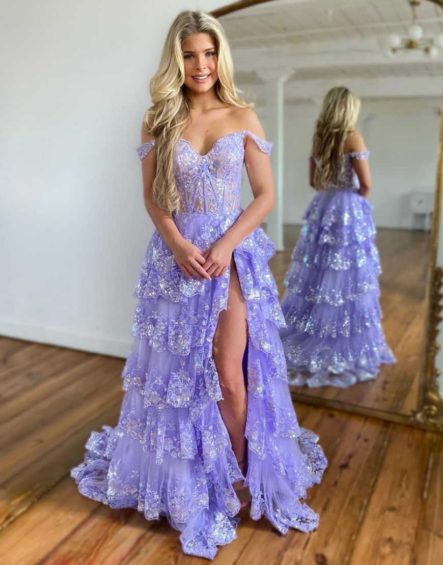 Gorgeous A-Line Off The Shoulder Tiered Prom Dress With Split