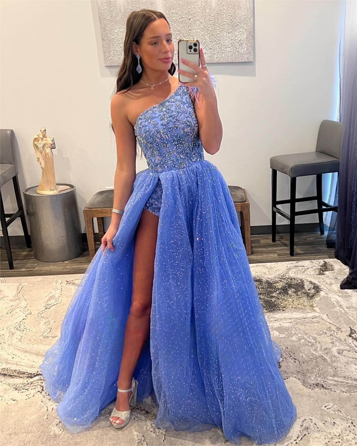 Gorgeous A-line One Shoulder Glitter Prom Dress With Split