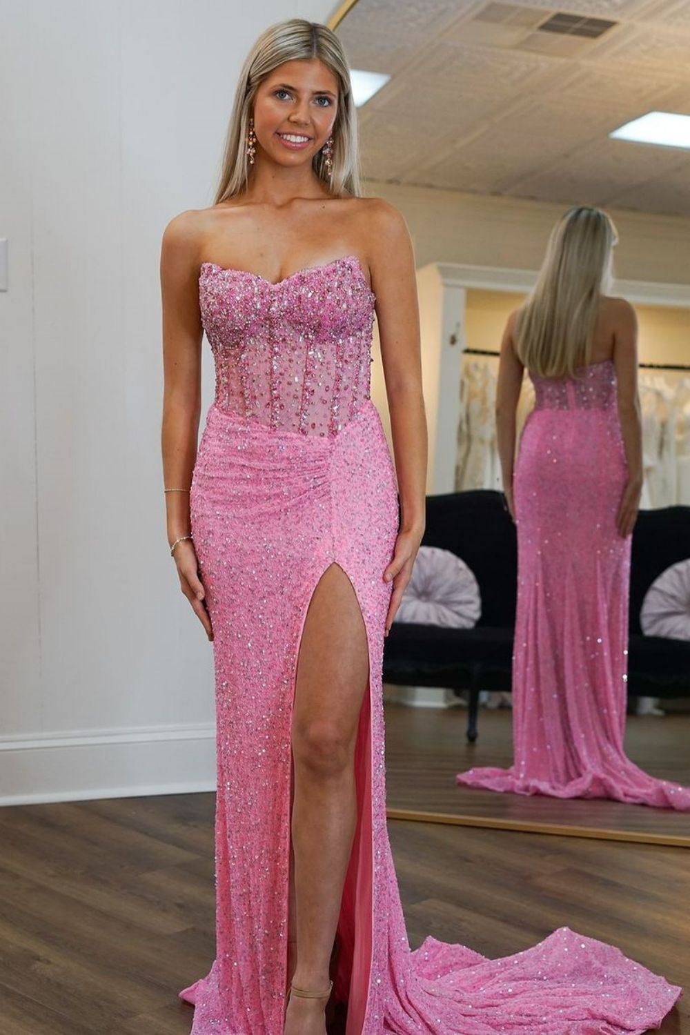 Gorgeous Mermaid Pink Strapless Long Glitter Beaded Prom Dress with Slit