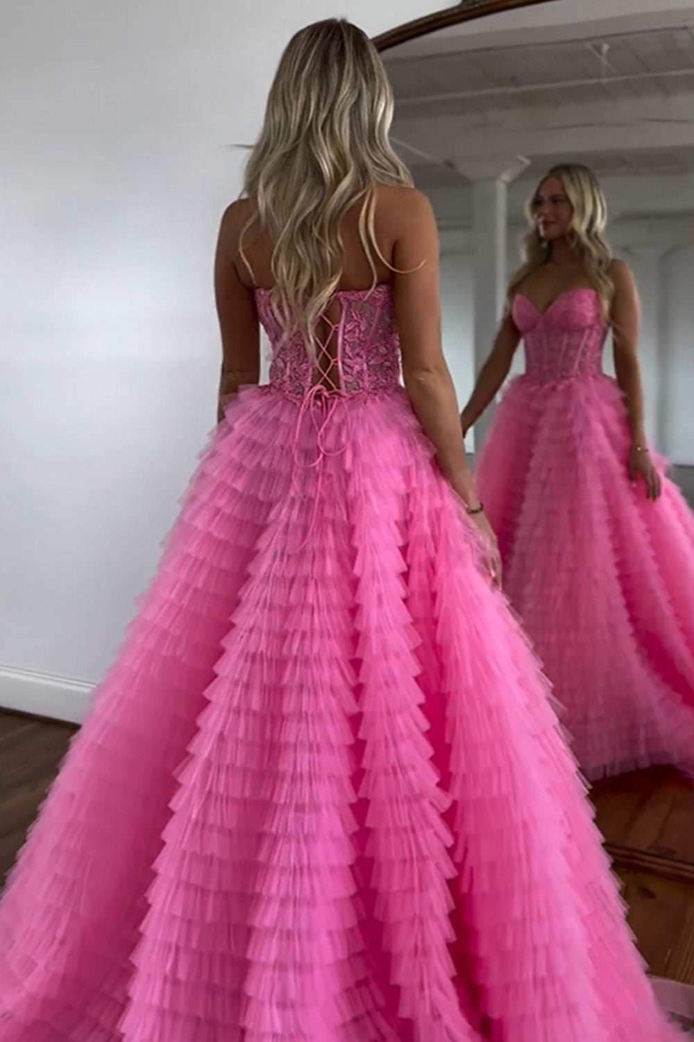 Gorgeous Pink A-Line Sweetheart Lace Up Long Tulle Prom Dress With Split