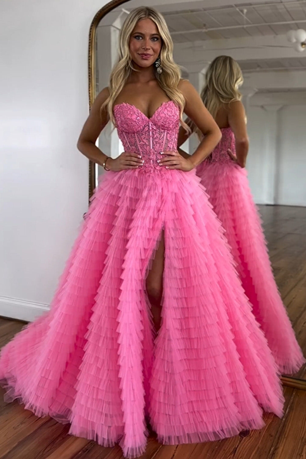 Gorgeous Pink A-Line Sweetheart Lace Up Long Tulle Prom Dress With Split