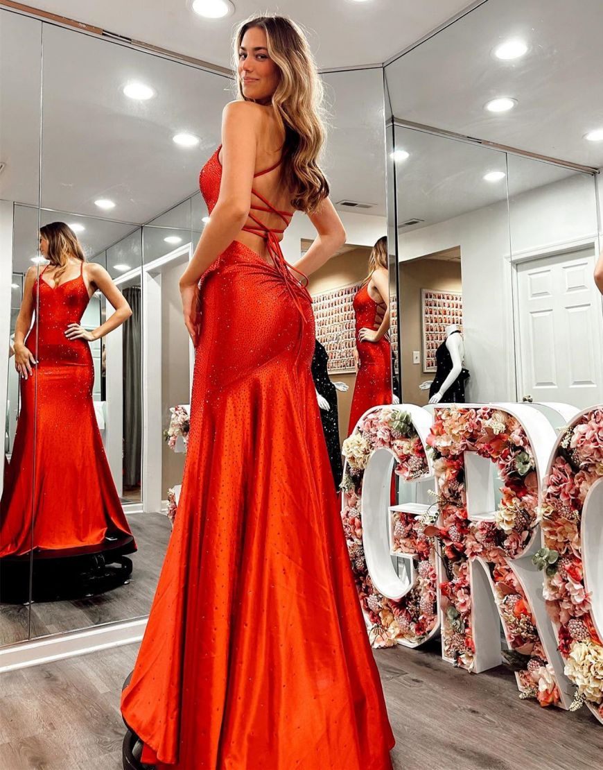 Gorgeous Red Spaghetti Straps Corset Back Long Prom Dress