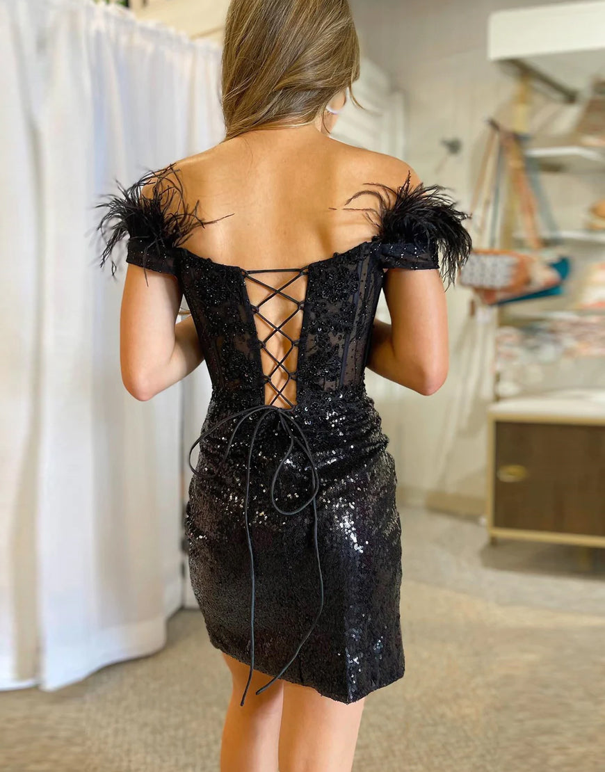 Gorgeous Sparkly Black Off The Shoulder Homecoming Dress With Feather