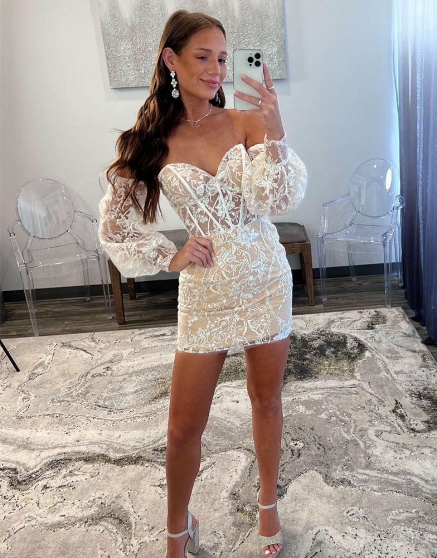 Gorgeous Strapless Tight Lace Homecoming Dress With Detachable Sleeves