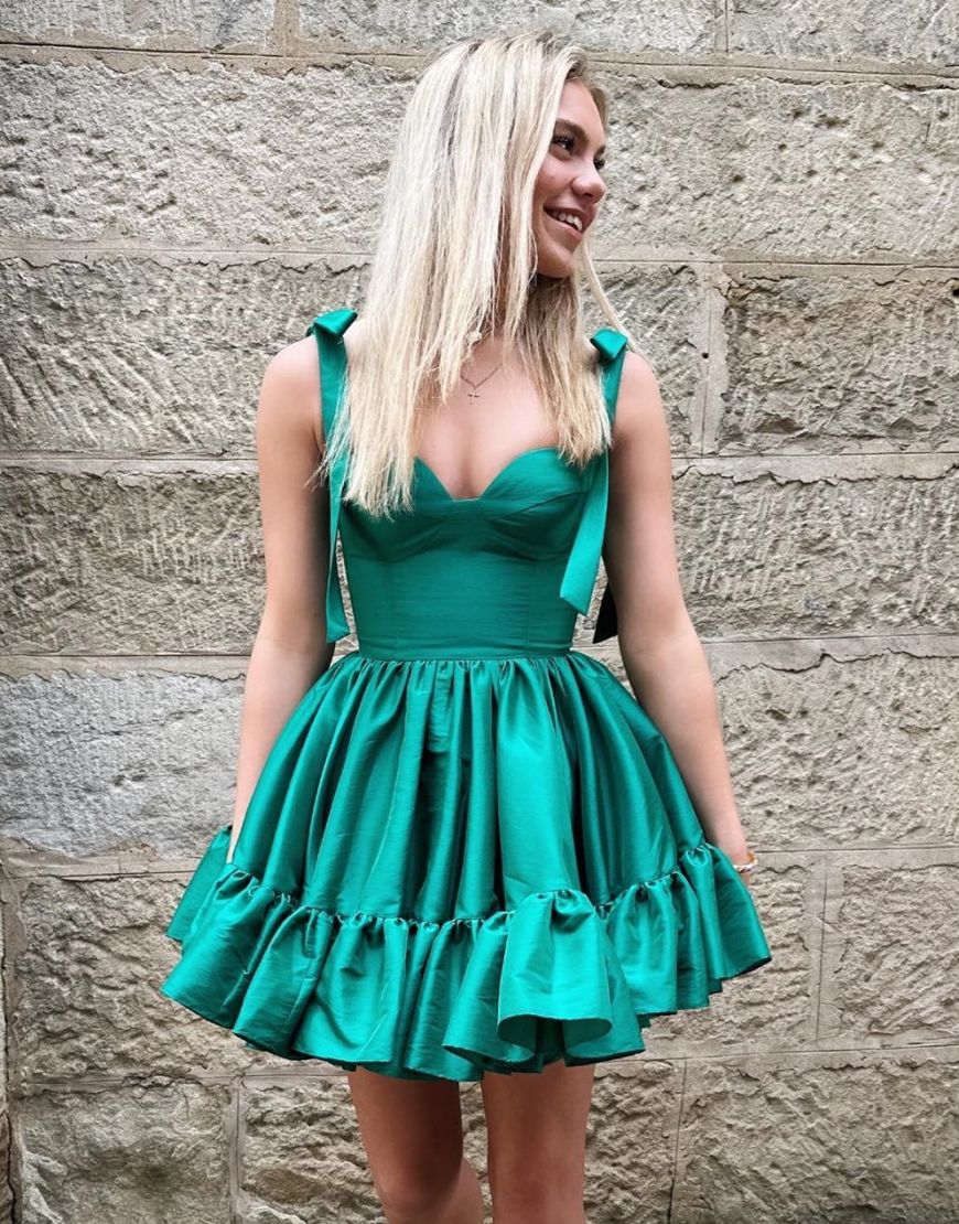 Green A-Line Tie Straps Short Satin Homecoming Dress