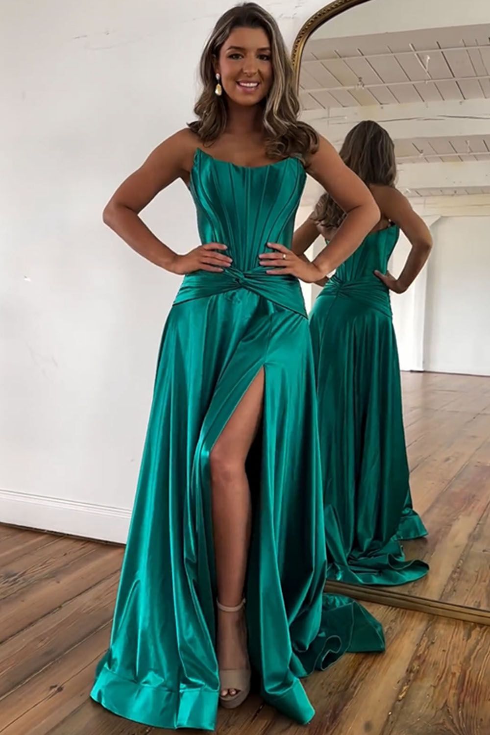 Green A-Line Strapless Zipper Back Long Satin Prom Dress With Split