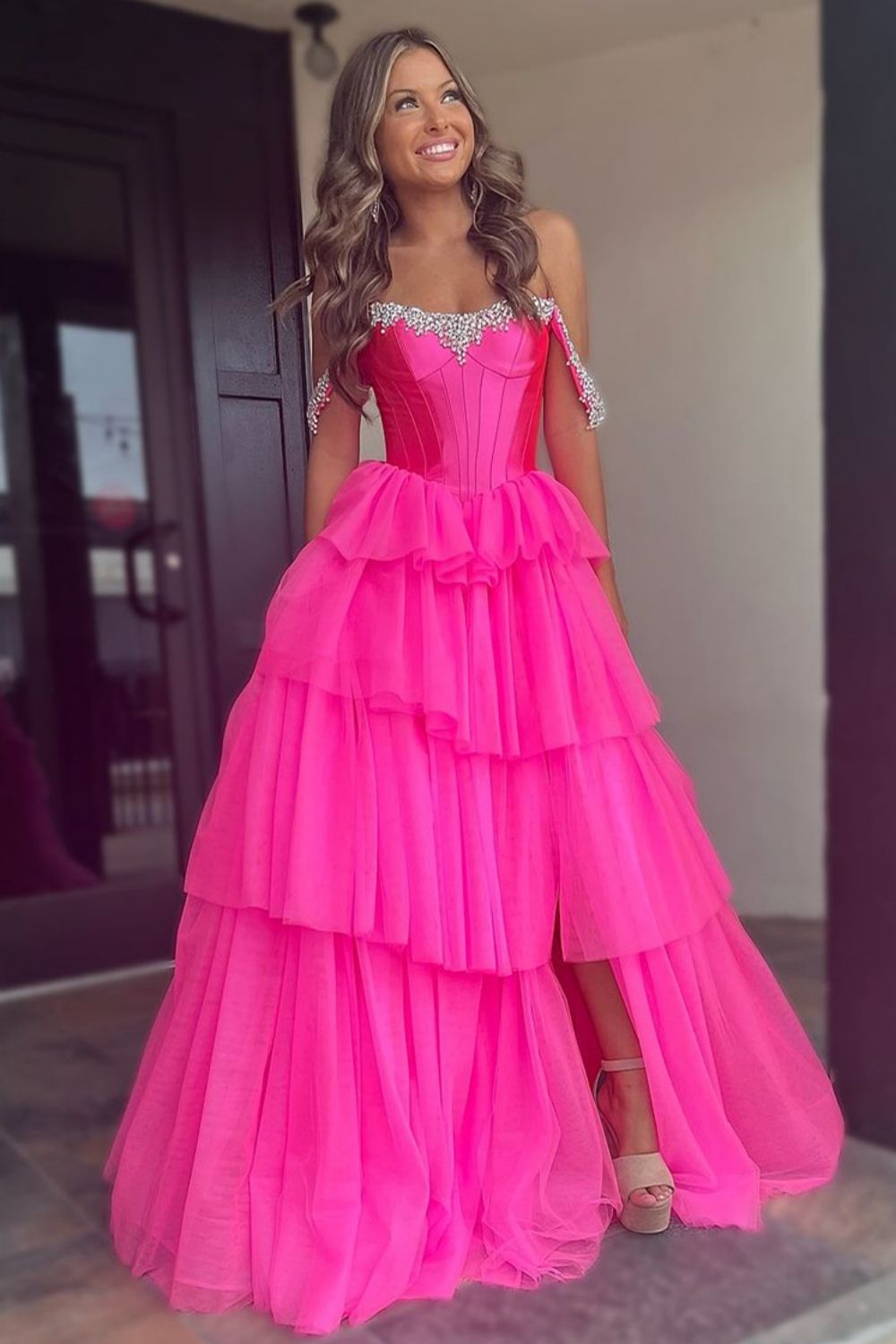 Hot Pink A-Line Off The Shoulder Long Tulle Prom Dress with Slit and Beading