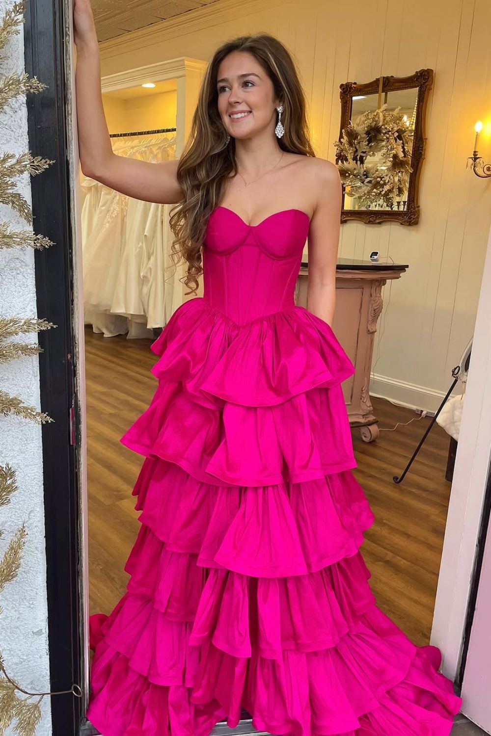 Hot Pink A-Line Sweetheart Long Tiered Satin Prom Dress