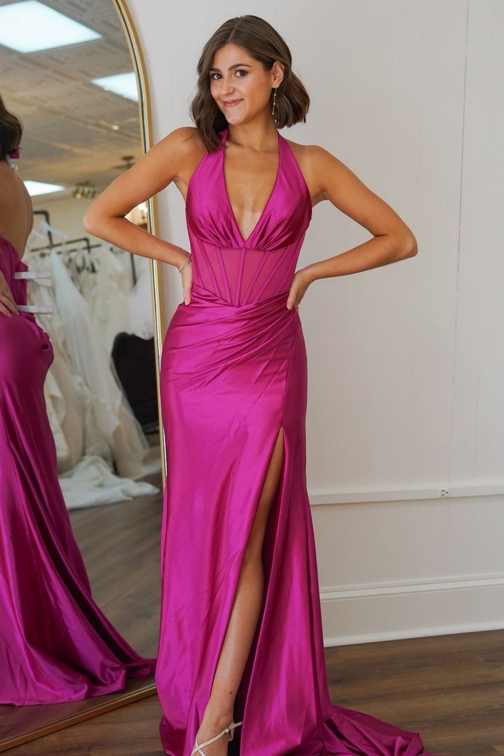 Hot Pink Mermaid Halter Neck Backless Long Satin Prom Dress with Slit