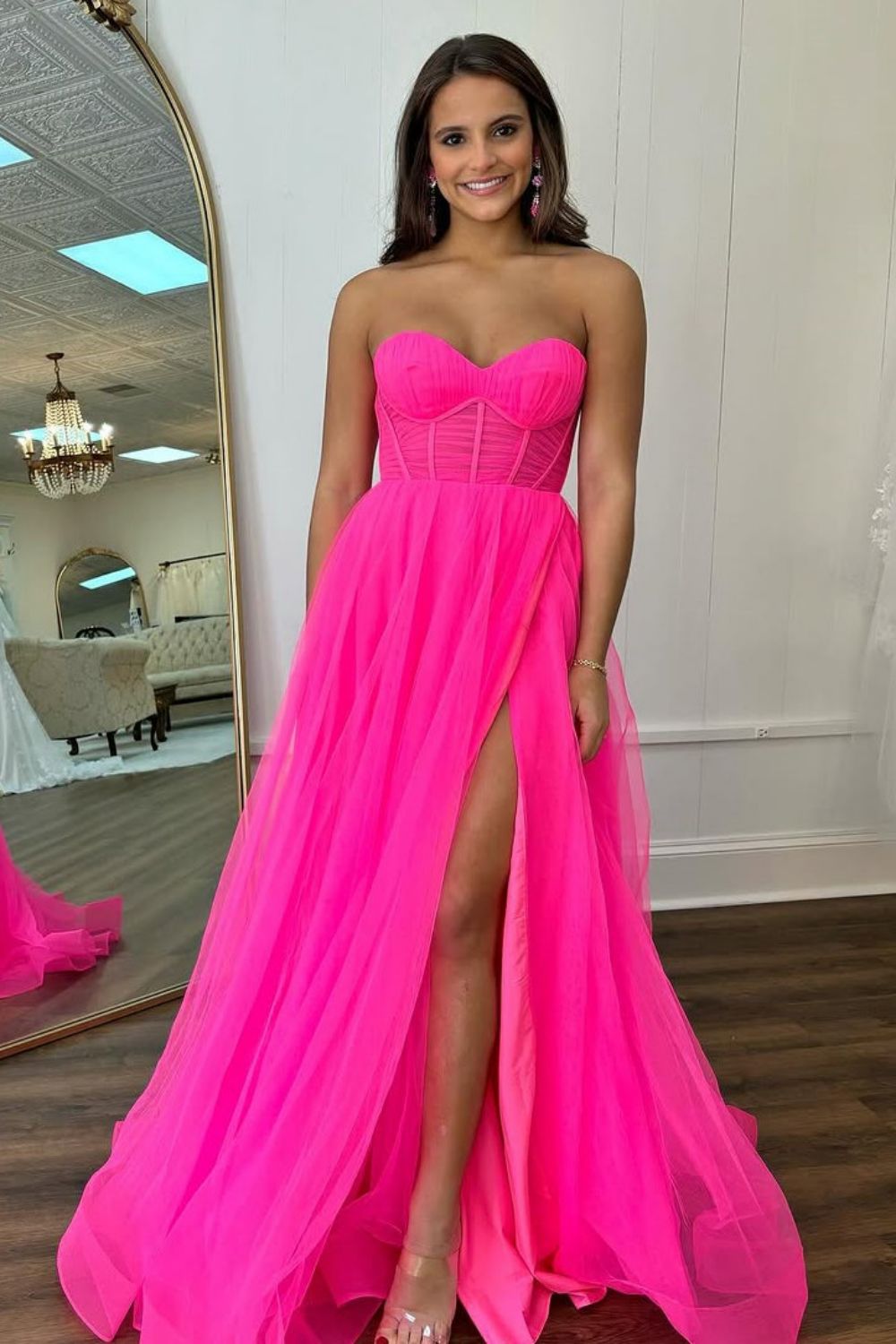 Hot Pink Simple A-Line Sweetheart Long Tulle Prom Dress
