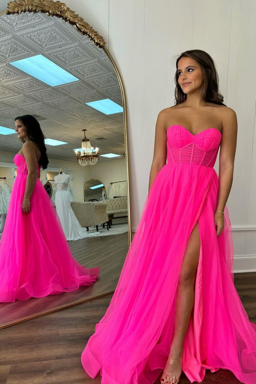 Hot Pink Simple A-Line Sweetheart Long Tulle Prom Dress