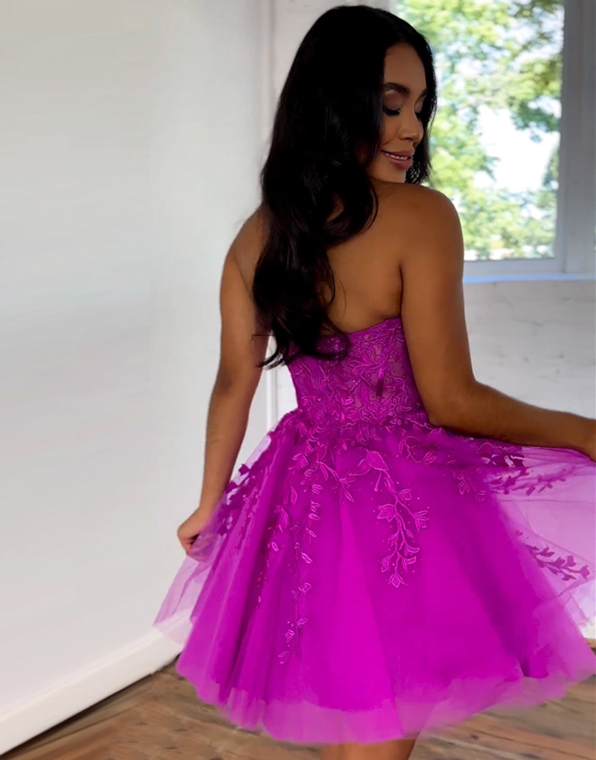 Hot Pink A-Line Strapless Tulle Homecoming Dress With Appliques