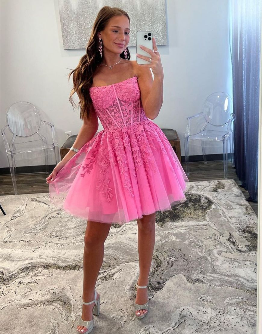 Hot Pink A-Line Strapless Tulle Homecoming Dress With Appliques