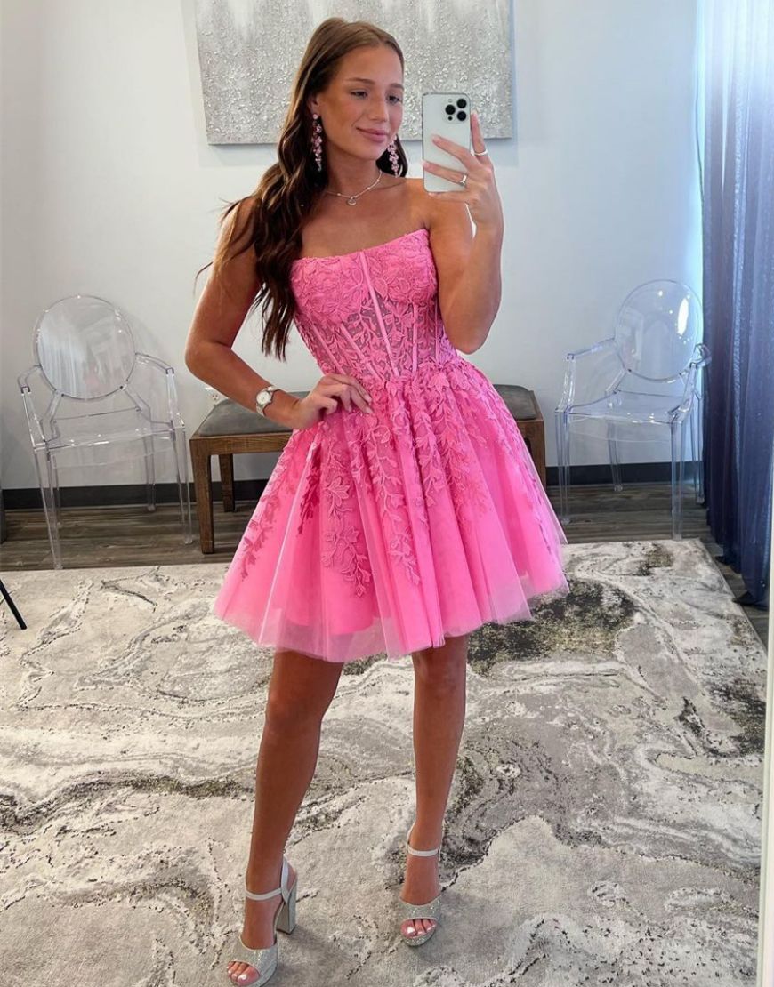 Hot Pink A-Line Strapless Tulle Homecoming Dress With Appliques