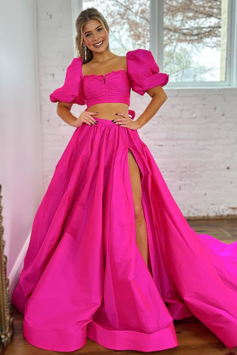 Hot Pink A-Line Two Pieces Square Neck Long Satin Prom Dress With Split