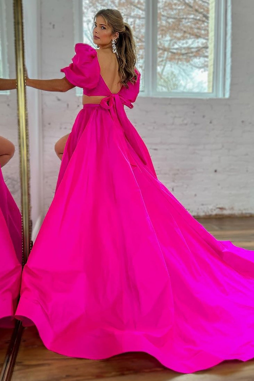 Hot Pink A-Line Two Pieces Square Neck Long Satin Prom Dress With Split