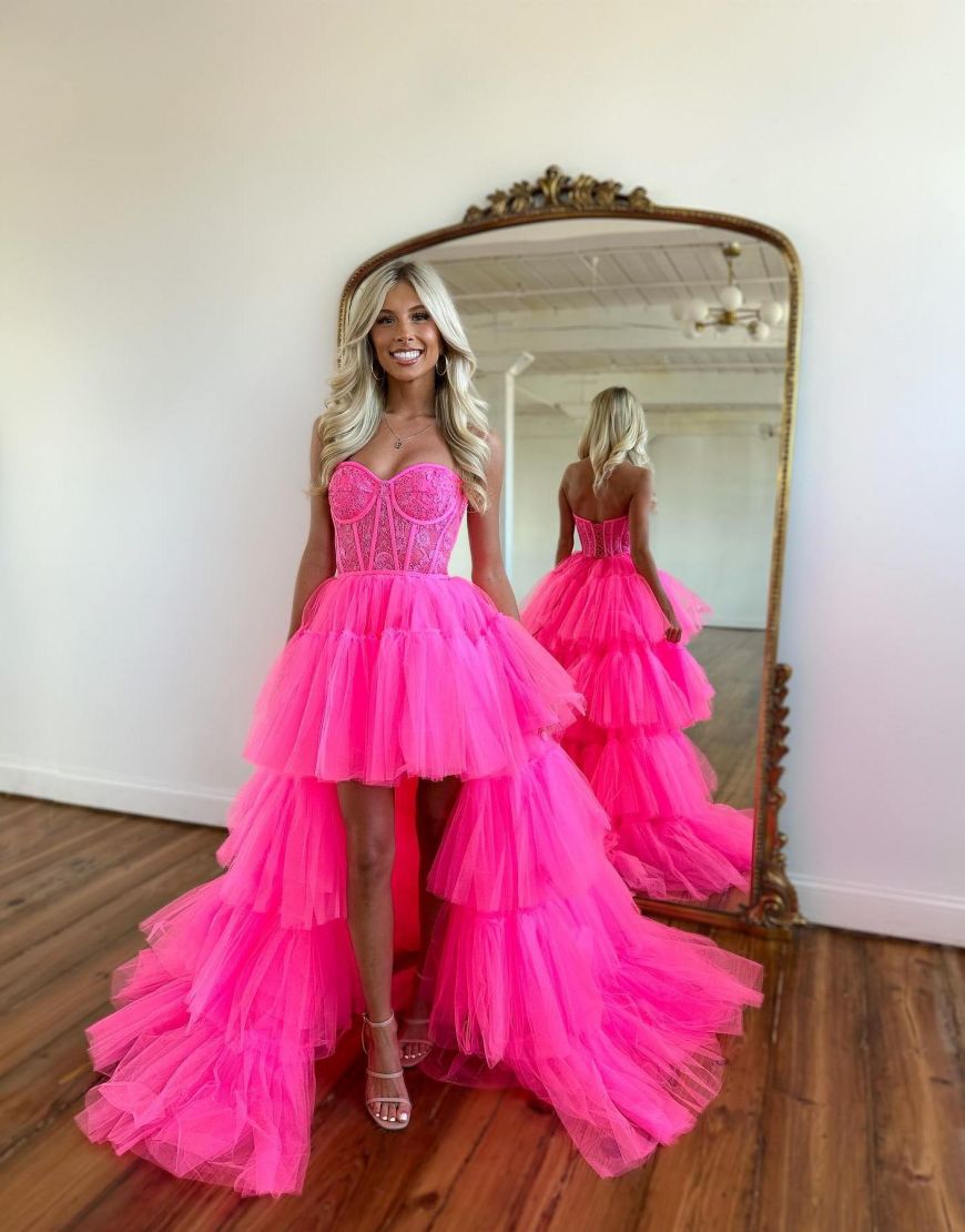 Hot Pink High Low Sweetheart Tiered Prom Dress