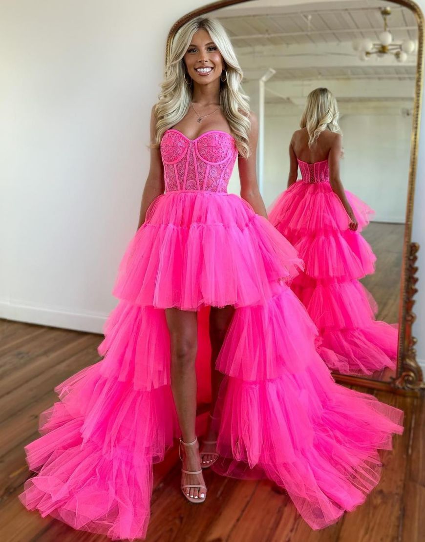 Hot Pink High Low Sweetheart Tiered Prom Dress