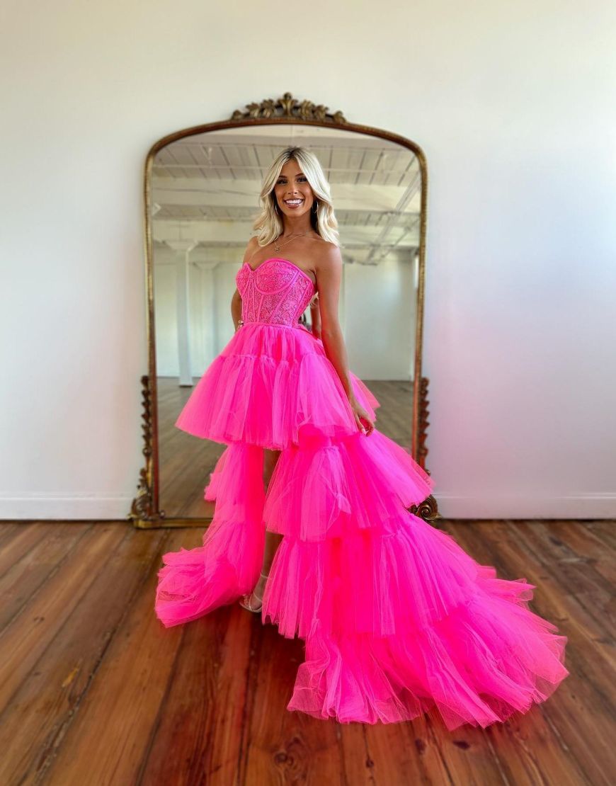 Hot Pink High Low Sweetheart Tiered Prom Dress