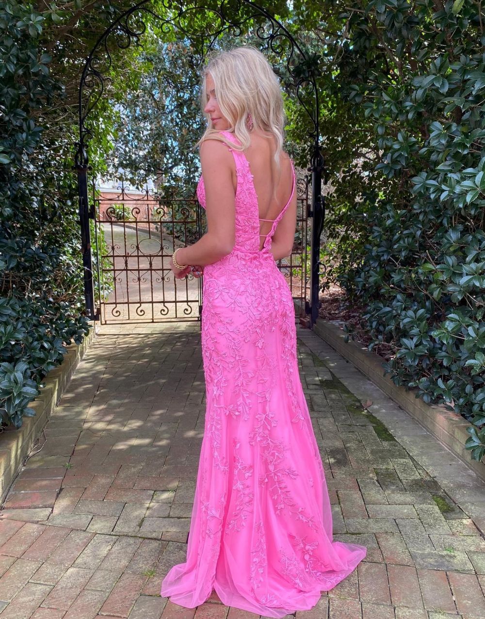 Hot Pink Mermaid Deep V-Neck Prom Dress With Appliques