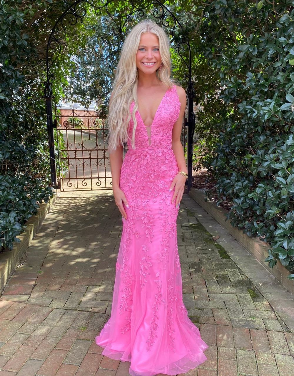Hot Pink Mermaid Deep V-Neck Prom Dress With Appliques