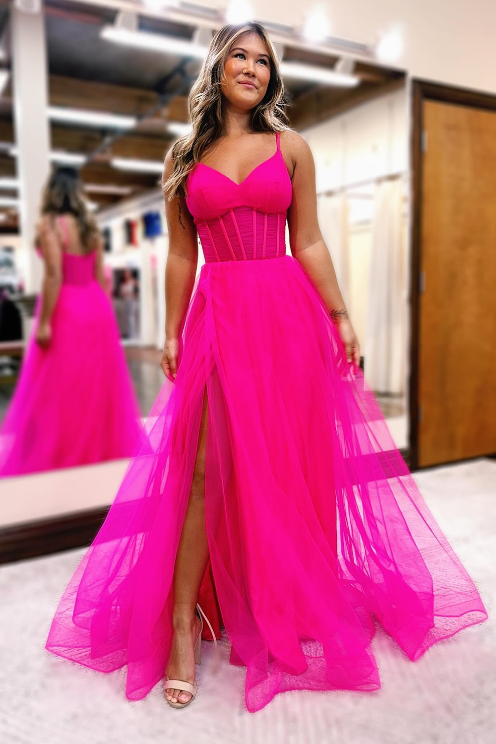 Simple Elegant Hot Pink Spaghetti Straps A-Line Long Tulle Prom Dress with Slit