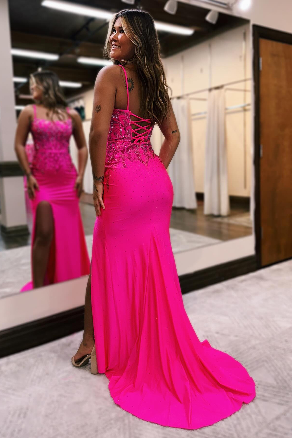 Sparkly Hot Pink Mermaid Lace Up Long Prom Dress with Slit