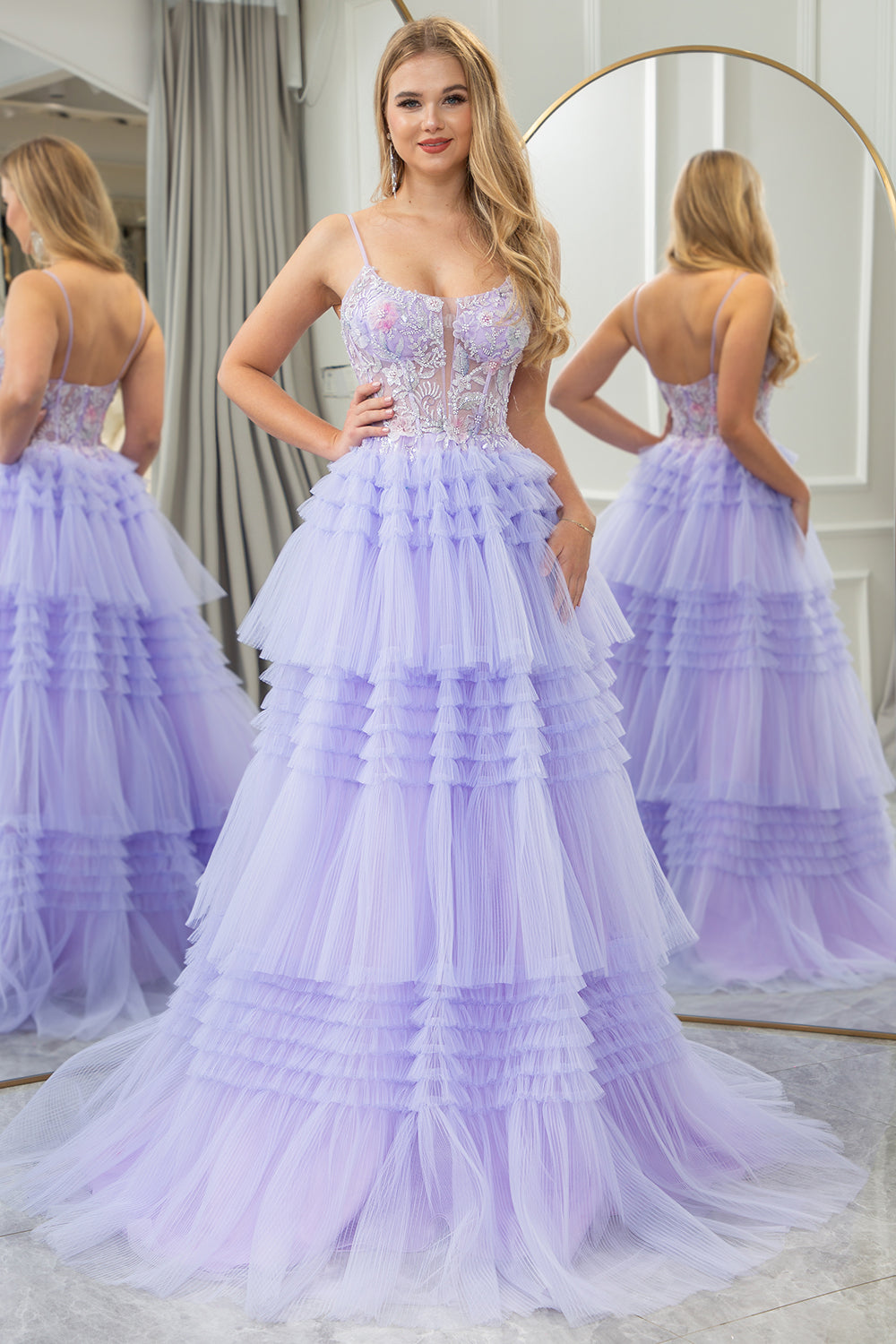 Lilac A Line Sweep Train Tiered Tulle Corset Prom Dress With Sequin