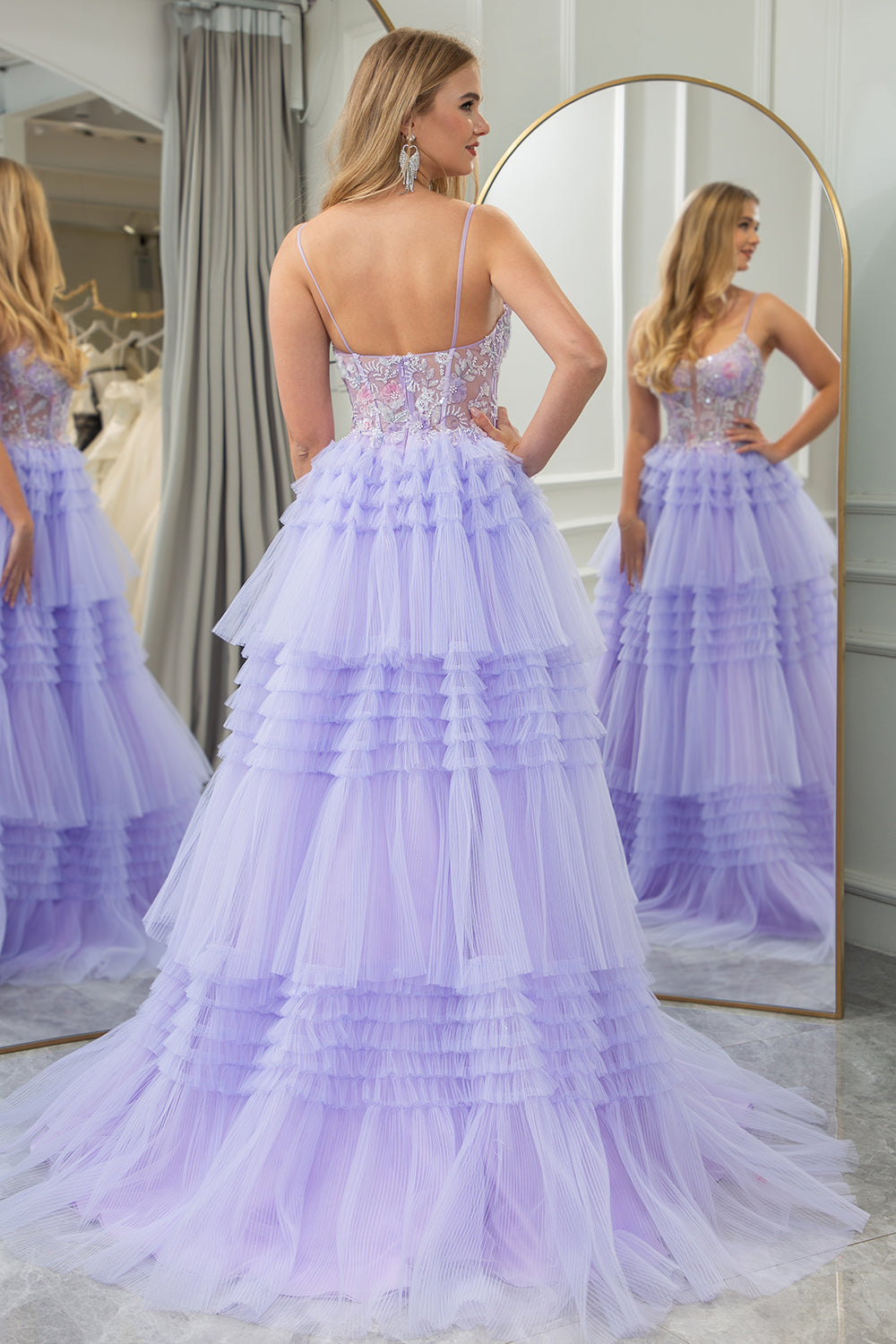 Lilac A Line Sweep Train Tiered Tulle Corset Prom Dress With Sequin