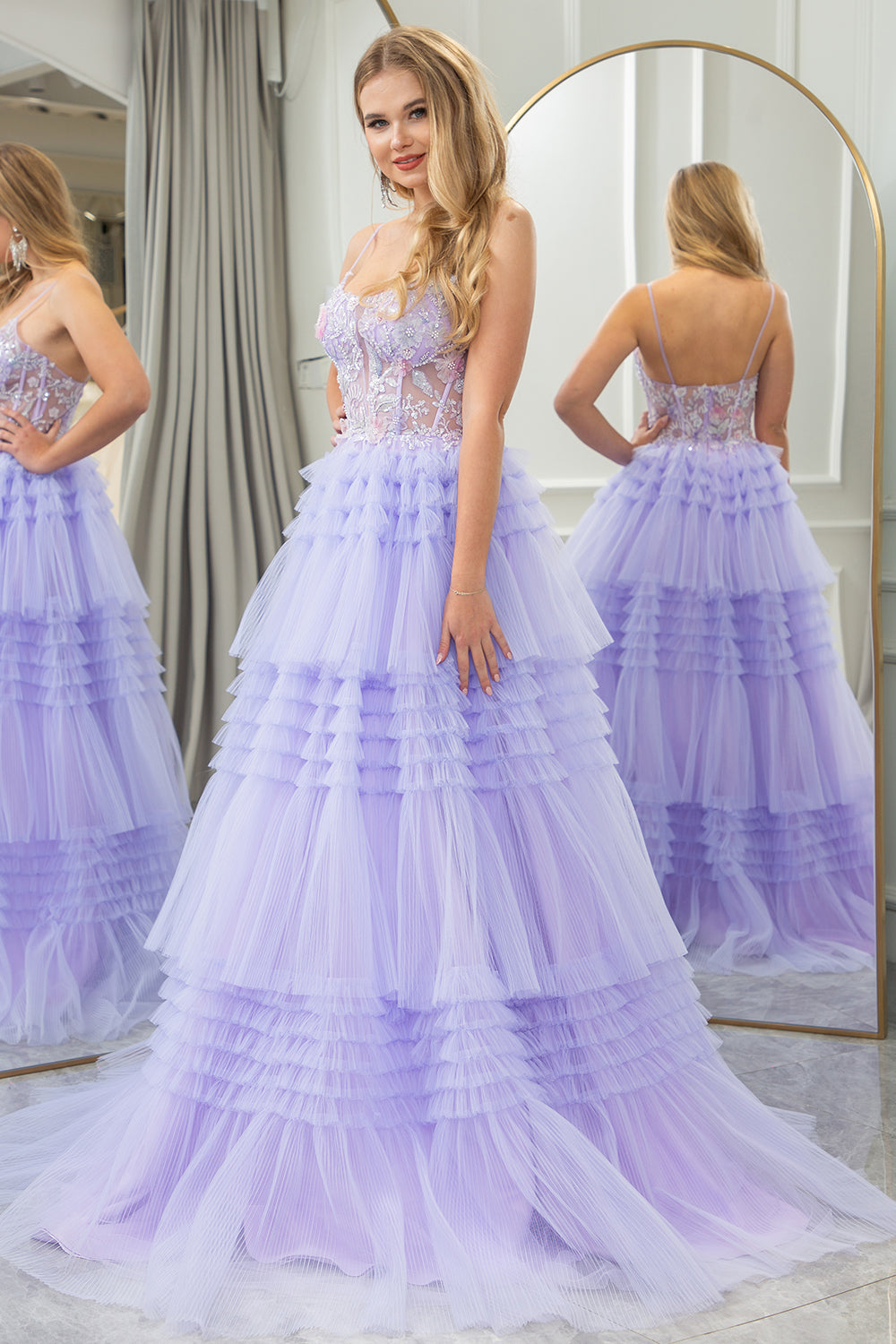 Lilac A Line Sweep Train Tiered Tulle Corset Prom Dress With Sequin