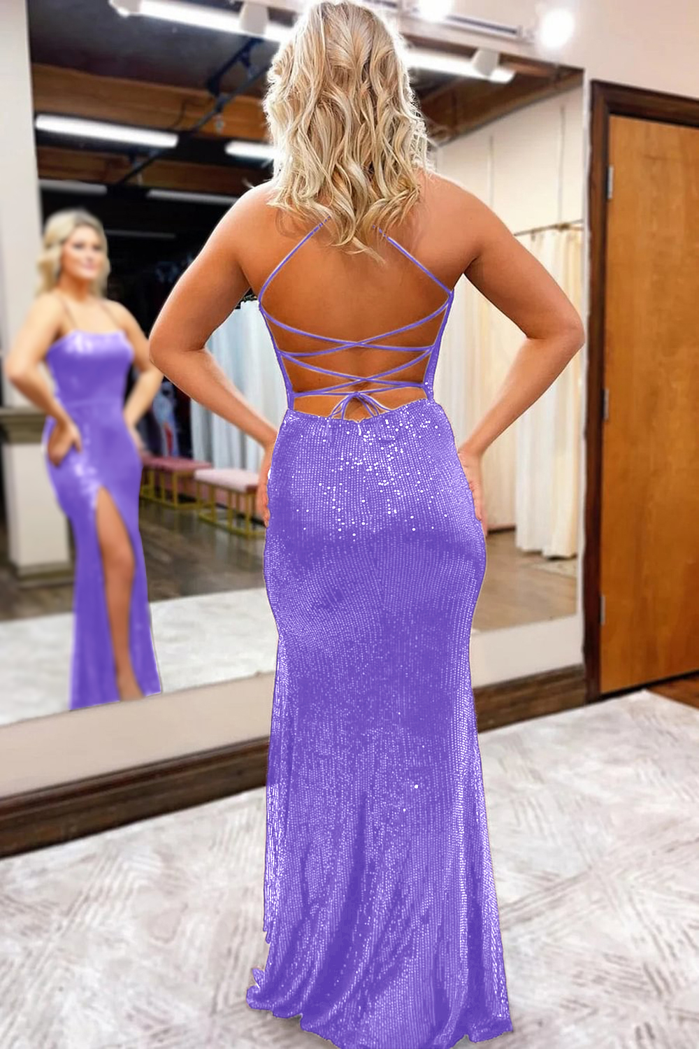 Simple Spaghetti Straps Corset Back Sequin Prom Dress With Split